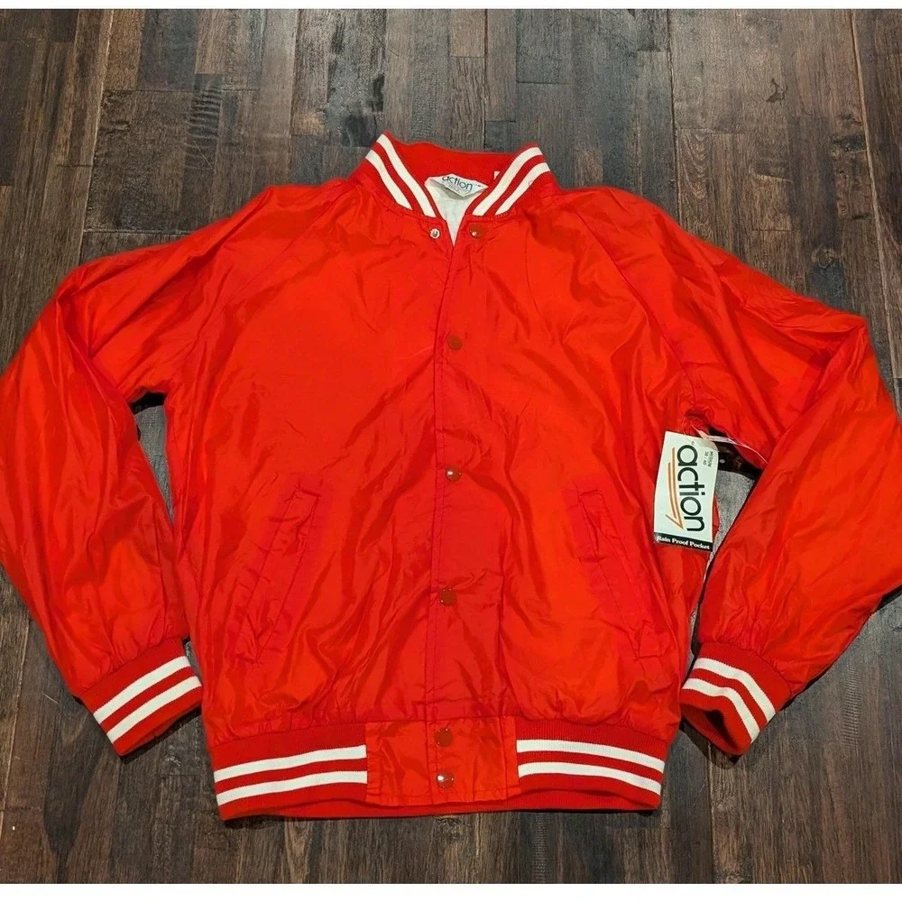 New Vintage 90s Action Snap Up Varsity Jacket Mens M Red Striped‎ Cuffs Lined